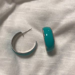 Teal hoop earrings with silver edges